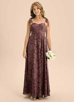 Azazie Rosey Junior Espresso A-Line Sweetheart Neckline Floral Burnout Dress image1