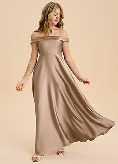 Azazie Sissy Junior Abito A-Line in Raso Elasticizzato a Spalla Scoperta Taupe image5