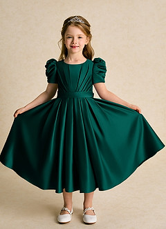 Azazie Miriam Flower Girl Dresses Pine Ball-Gown Pleated Matte Satin Dress image5