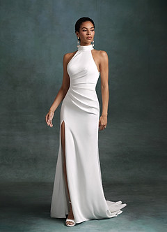 Azazie Jane Wedding Dresses Diamond White Mermaid High Neck Crepe Back Satin Dress image3