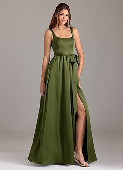 Azazie Elliott Bridesmaid Dresses Olive A-Line with Pockets Stretch Satin Dress image1