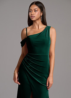 Azazie Madelyn Bridesmaid Dresses Emerald Sheath One Shoulder Velvet Dress image2