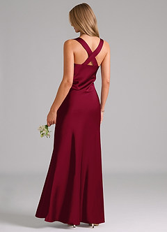 Azazie Kamila Bridesmaid Dresses Burgundy A-Line Pleated Stretch Satin Dress image2