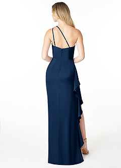 Azazie Latrice Bridesmaid Dresses Dark Navy Sheath One Shoulder Cascading Ruffles Stretch Satin Dress image2