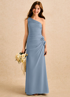 Azazie Sophie Girls Formal Robe Demoiselle D'honneur Fillette Robe Fourreau en Mousseline de soie Une épaule Bleu Poussiéreux image1