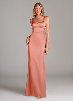 Azazie Denice Final Sale Coral Sheath Pleated Stretch Satin Dress image1