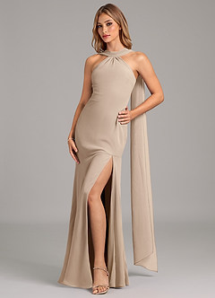 Azazie Kinsley Bridesmaid Dresses Taupe Mermaid Pleated Chiffon Dress image1