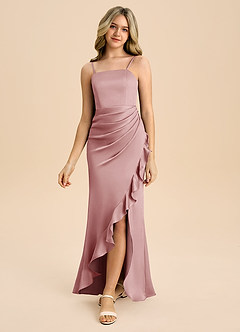 Azazie Buzzy Junior Dusty Rose Sheath Pleated Stretch Satin Dress image5