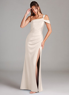 Azazie Wynter Bridesmaid Dresses White Alabaster Sheath One Shoulder Stretch Satin Dress image3