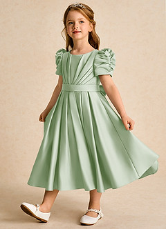 Azazie Miriam Abiti da Ragazza di Fiori Abito Principessa in Raso Opaco Plissettato Verde Salvia image3