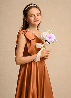 Azazie Guppy Girls Formal Flower Girl Dresses Copper A-Line One Shoulder Matte Satin Dress image6