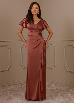 Azazie Roya Mother of the Bride Dresses Auburn Mermaid V-Neck Pleated Stretch Satin Dress image2