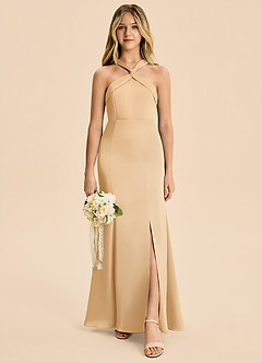 Azazie Rue Junior Gold Mermaid Pleated Stretch Satin Dress image4