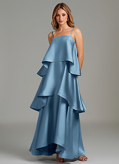 Azazie Azalea Bridesmaid Dresses Steel Blue A-Line Ruched Stretch Satin Dress image2