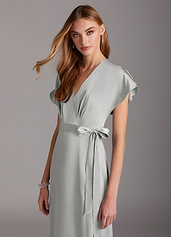 Azazie Nico Bridesmaid Dresses Silver A-Line V-Neck Stretch Satin Dress image6