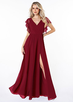 Azazie Zella Bridesmaid Dresses Burgundy A-Line Lace Chiffon Dress image1