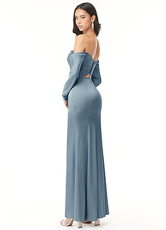Azazie Hallie Bridesmaid Dresses Dusty Blue Sheath Off-The-Shoulder Long Sleeve Stretch Satin Convertible Dress image6