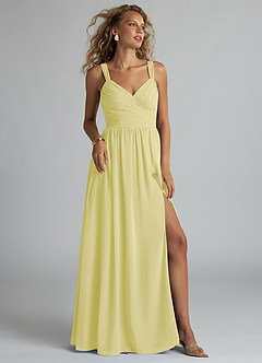 Azazie Aziza Robes de demoiselle d'honneur Robe Trapèze en Mousseline de soie Col V plissé Sorbet Citron image1