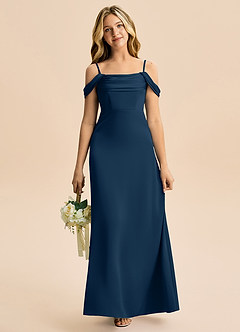 Azazie Lettie Junior A-Linie Schulterfrei Stretch-Satin Kleid Dunkelmarine image2