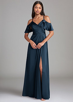 Azazie Dakota Jurken voor bruidsmeisjes Jurk van Stretch Satijn met A-lijn Off-shoulder Donkere Marine image3
