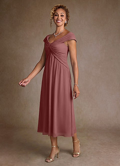 Azazie Mirta 신부의 어머니 드레스 A라인 주름진 플로럴 번아웃 티 길이 드레스 image4