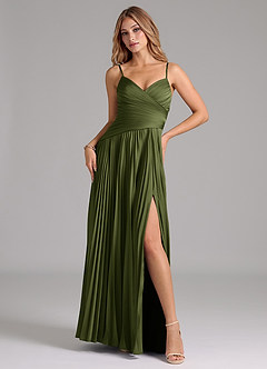 Azazie Vini Bridesmaid Dresses Olive A-Line Pleated Stretch Satin Dress image1