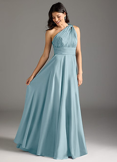 Azazie Charlize Bridesmaid Dresses Moody Blue A-Line One Shoulder Stretch Satin Dress image2