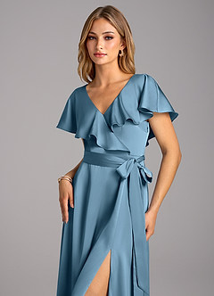 Azazie Lainey Bridesmaid Dresses Steel Blue A-Line with Pockets Stretch Satin Dress image6