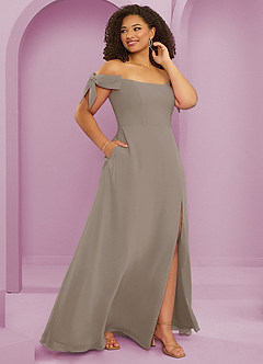 Barbie ♥ Azazie Jurken voor bruidsmeisjes Converteerbaar Jurk van Chiffon met A-Lijn Off the Shoulder Taupe image6