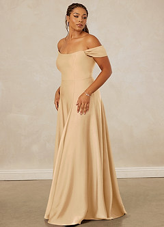 Christian Siriano Bridal for Azazie 1002 Robes de demoiselle d'honneur Robe Trapèze Convertible en Satin extensible Épaule décolletée Or image5