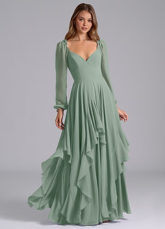 Azazie Karan Bridesmaid Dresses Silver Sage A-Line Long Sleeve Chiffon Dress image1