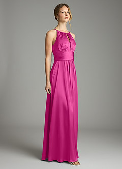 Azazie Bonnie Bridesmaid Dresses Fuchsia A-Line Pleated Stretch Satin Dress image4