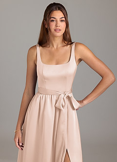 Azazie Elliott Bridesmaid Dresses Blushing Pink A-Line with Pockets Stretch Satin Dress image2