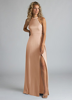 Azazie Clarice Robes de demoiselle d'honneur Robe Trapèze en Satin extensible Col Haut Rose Perle image5