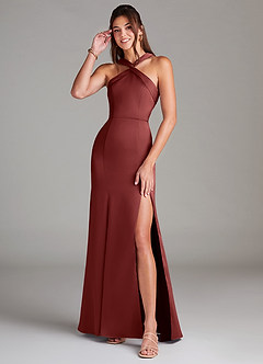 Azazie Rue Bridesmaid Dresses Terracotta Mermaid Pleated Stretch Satin Dress image1