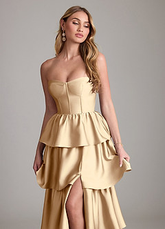 Azazie Faye Bridesmaid Dresses Champagne A-Line Ruched Stretch Satin Dress image5
