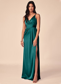 Azazie Aqua Bridesmaid Dresses Peacock A-Line V-Neck Pleated Stretch Satin Dress image1