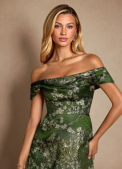 Azazie Marceline Mother of the Bride Dresses Matcha Green A-Line Off the Shoulder Jacquard Dress image5