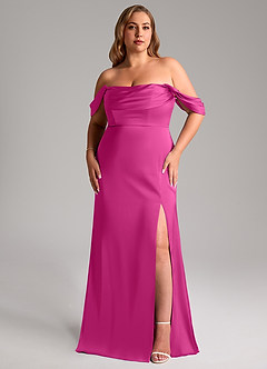 Azazie Saige Bridesmaid Dresses Fuchsia Sheath Off the Shoulder Stretch Satin Dress image11