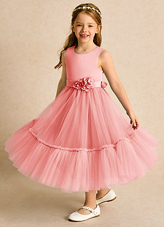 Azazie Miracle Blumenmädchenkleider A-Linie Schleifen Matte Satin Kleid Koralle image4
