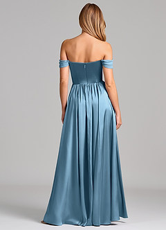 Azazie Raisa Jurken voor bruidsmeisjes Jurk van Stretch Satijn met A-Lijn Off the Shoulder Staal Blauw image5