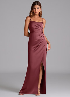Azazie Calandra Bridesmaid Dresses Desert Rose A-Line Pleated Stretch Satin Dress image1
