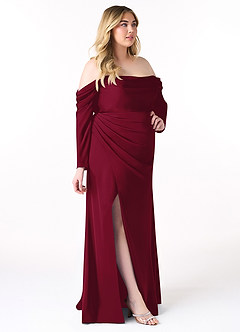 Azazie Hallie Bridesmaid Dresses Burgundy Sheath Off-The-Shoulder Long Sleeve Stretch Satin Convertible Dress image11