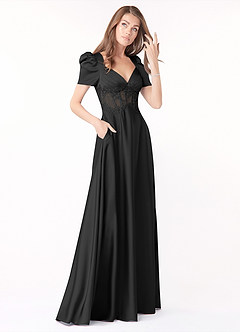 Azazie Sibyl Final Sale Black A-Line Lace Stretch Satin Dress image3