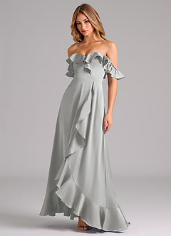Azazie Lyra Bridesmaid Dresses Silver A-Line Off the Shoulder Stretch Satin Convertible Dress image4
