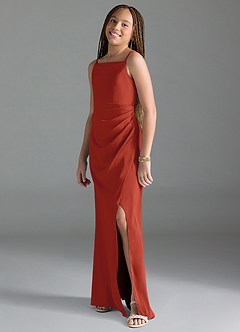 Azazie Leonis Junior Rust A-Line Pleated Stretch Satin Dress image4