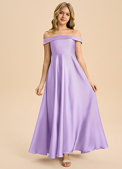 Azazie Sissy Junior Lilac A-Line Off the Shoulder Stretch Satin Dress image4