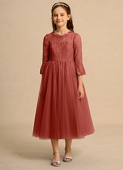 Azazie Lamb Girl Jurken voor bloemenmeisjes Baljurk Jurk van Kant Terracotta image4