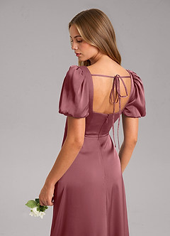 Azazie Fyona Bridesmaid Dresses Desert Rose A-Line Pleated Stretch Satin Dress image7