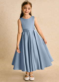Azazie Junebuj Flower Girl Dresses Dusty Blue Ball-Gown Pleated Matte Satin Dress image6